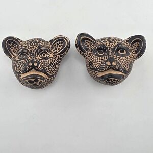 Pair of Mexican Folk Art Pottery Jaguar Head Candle Holders Black Beige‎